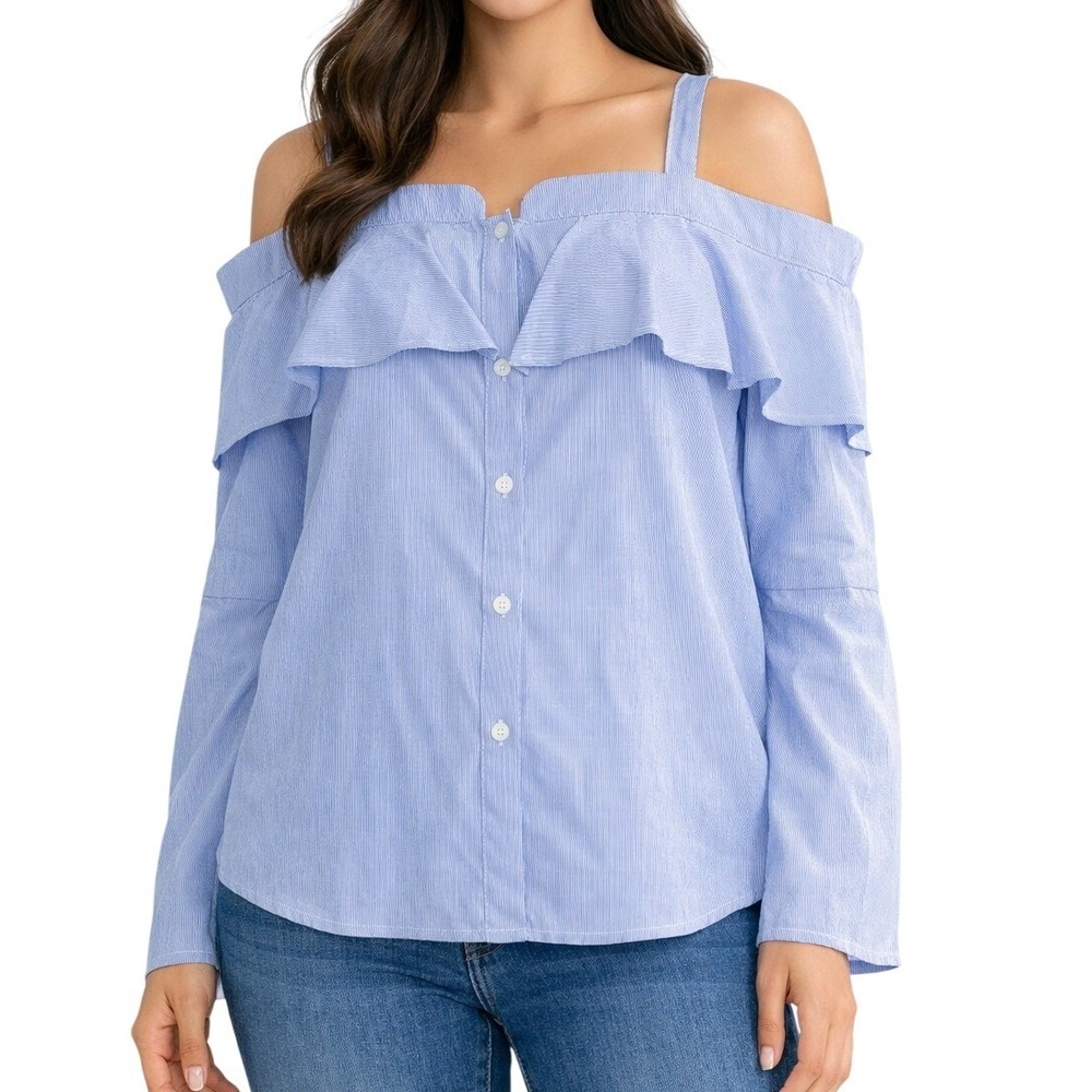 Trouve‎ Blue White Striped Off Shoulder Ruffle Bell Sleeve Cotton Blouse Small
